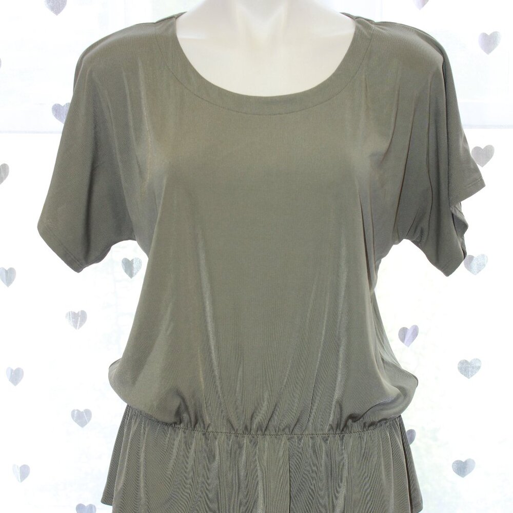 #361 Unknown Brand Green Grey Short-Sleeve Dressy Shirt with Cinched Waist